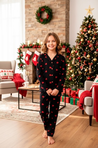 Kız Çocuk Kalp Baskılı Kadife/süet Pijama Takımı -12490 Siyah