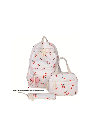Maxaccess 3 Parça Kiraz Desenli Sırt Çantası + El Çantası + Kalem Kutusu Krem Beyaz