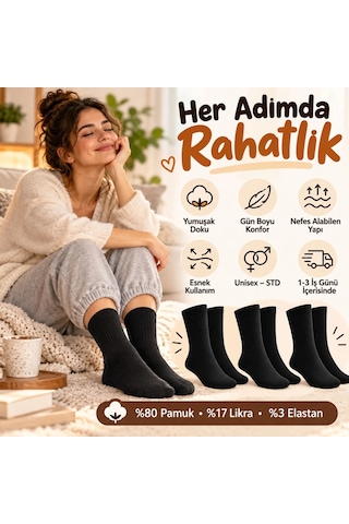 Womanandkids Wak Unisex Siyah Soket Çorap 6'lı Set Düz Basic Ribanalı Günlük Spor Esnek Rahat Uzun Çorap Konforlu