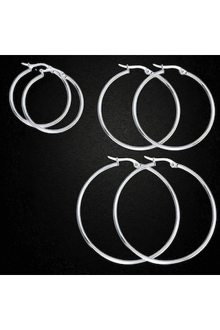 Çelik Küpe 3'lü Büyük Halka 2 Mm Kalınlık 3-4-5 Cm Uzunluk Gümüş Silver Gümüş