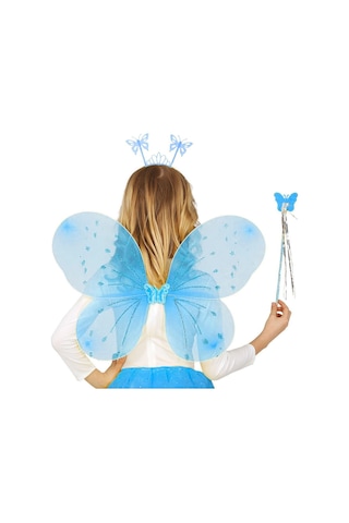 Mavi Kelebek Erkek-kız Seti - 50 Cm Kelebek Kanadı, Taç Ve Asa +3
