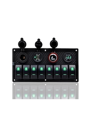 Bfy Switch Panel 8'Li +Usb+Plastik Çakmaklık+ Çakmak+ Voltmetre Yeşil