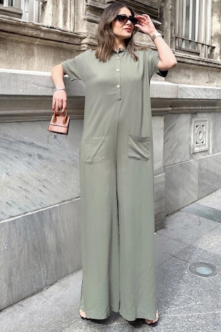 Kadın Haki Hakim Yaka, Kısa Kol, Önleri Kese Cepli, Salaş Kesim, Belmondo Safari Tulum