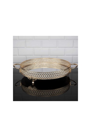 Aynalı Tepsi Dekoratif Sunum Tepsisi Yuvarlak Metal Gold 35 Cm Lulu Model