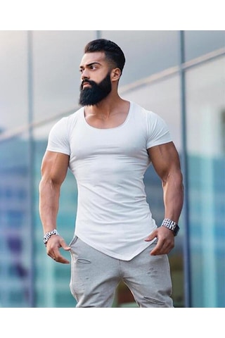 Beyaz Muscleguys Fitness Spor Tişört Kas Yelek Erkek Yüksek Elastik Eğitim Kısa Kollu Hafif Nefes Alabilen Spor Salonu Vücut Geliştirme Tişörtü Beyaz