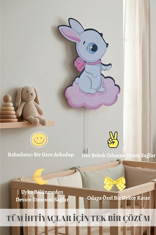 Tavşan Figürlü Bebek Gece Lambası Ahşap Çocuk Odası Duvar Lambası Dekoratif Bebek Odası Aydınlatma