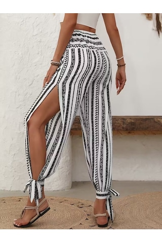 Efnaz Style Kadın Yüksek Bel Desenli Paçadan Bağlamalı Yanları Yırtmaçlı Süprem Pantolon