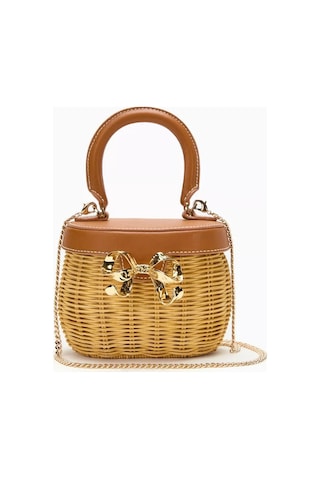 Self-portrait Self-portraıt Bow Basket Çanta Naturel Rattan & Altın Detaylı Zarif Mini Tote Portföy Çanta Sarı 15bat