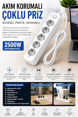Akım Korumalı 5 Li Çoklu Priz 2500w Güçlü Uzun Kablolu Güvenli Kullanım 2 M