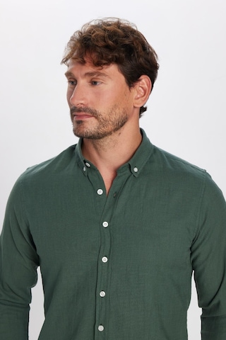 Tudors Erkek Slim Fit Dar Kesim Uzun Kollu %100 Pamuk Keten Doku Düğmeli Yaka Haki Gömlek-32802 Haki