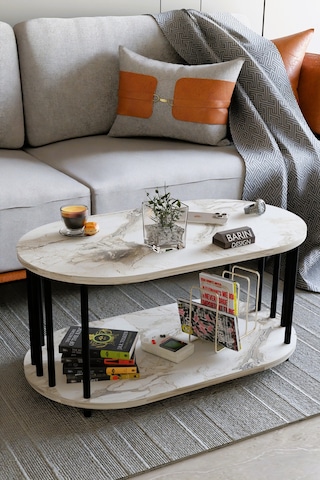 Modern Oval Orta Sehpa Çift Katlı Metal Ayaklı Salon, Ofis, Dekoratif Sehpa, Kahve Sehpası Beyaz Mermer