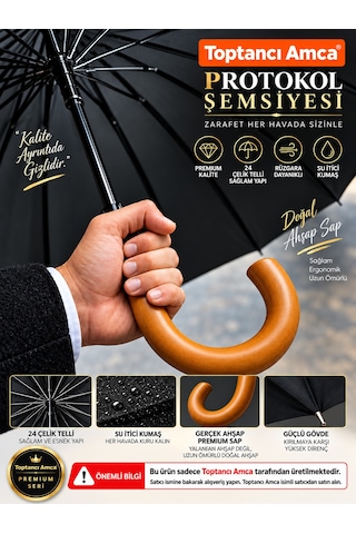 Toptancı Amca Şemsiye 24 Tel Bay Lüx Baston Ahşap Sap Sky-60 120 Cm Çap Gerçek Fiber İskelet Siyah