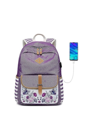 Ganzhoushop Goldwheat Kız Sırt Çantası Tuval Okul Çantası Kitap Çantası Dizüstü Bilgisayar Çantası Sırt Çantası Usb Şarj Portu İle Çok Renkli