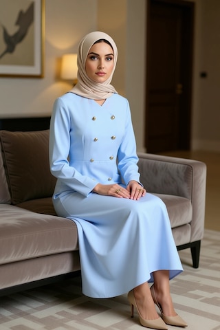 Benerly Kadın Kruvaze Kesim Uzun Kollu Ceket Yaka Maxi Elbise Düğmeli Ast Mavi