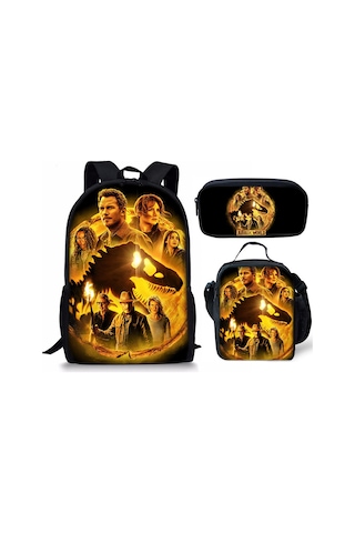 Xindoker Jurassic World Dino Mutfak Çantası + Okul Çanta + Kalem Kutusu 3'lü Set - Öğrenci Çantaları Ve Okul Malzemeleri Siyah