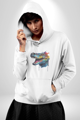 Timsah Renkli Kafası Kadın Erkek Beyaz Kapüşonlu Sweatshirt Hoodie Beyaz