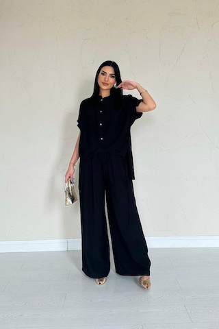 Gülsüm Aydın Siyah Önü Pileli İkili Keten Takım Siyah