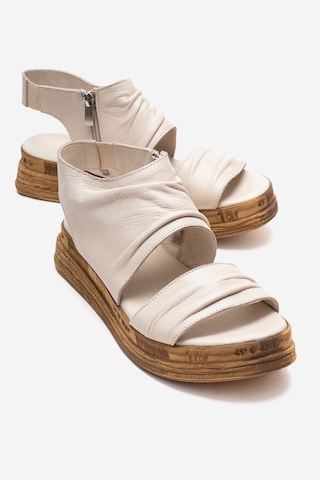 Luvishoes Lunas Krem Hakiki Deri Yandan Fermuarlı Kadın Sandalet Krem
