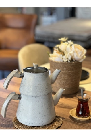 Yunusoğlu Home Granit Kaplama Pramit Cam Kapaklı Çaydanlık Krem Krem