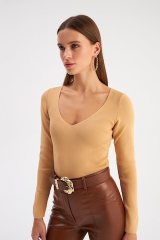 Sateen V Yaka Triko Crop - Bisküvi-129491