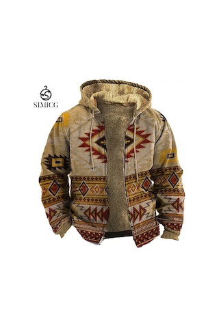 Erkek Kadife Kalın Fermuarlı Baskılı Hırka Ceket Haki