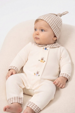 Beniizle Tavşan Nakışlı Ekose Detaylı Bebek Tulum & Şapka Kahverengi