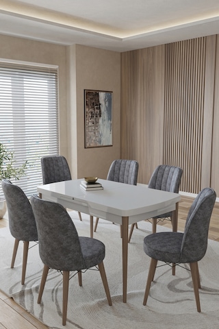 Toce Home Leva 80x130 Açılabilir Beyaz Masa Yemek Odası Takımı Mutfak Takımı 6 Adet Sandalye Model:leva6506 Gri