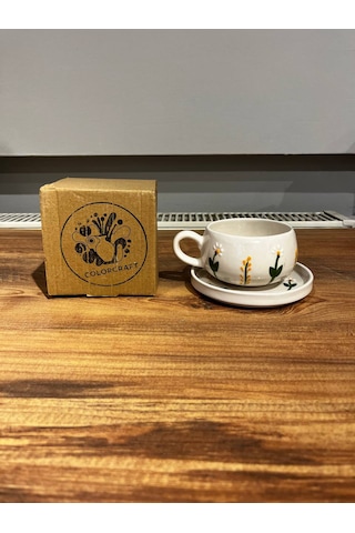 Dal Papatya Desenli Tabakl Seramik Kupa, Mug, Double Türk Kahvesi