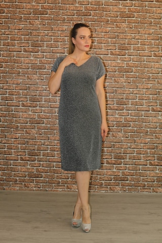 Nidya Moda Büyük Beden Kadın Gri Simli V Yaka Abiye Elbise-4035RG Gri