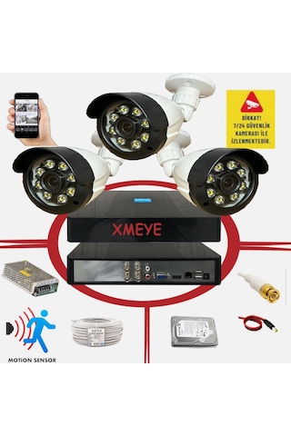 3 Lü Hareket Algılayan 5 Mp Lens 8 Warm Led Gece Renkli Gösteren Güvenlik Kamerası Seti Bs 2308w