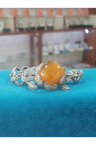 Firuze Gümüş Oyma Tasarımlı Kehribar Taşlı Yöresel Otantik Gümüş