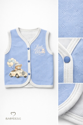 Babyden's Erkek Bebek Yelek Pamuklu Çıtçıtlı Elmas Jakarlı Ayıcık Baskılı Yenidoğan Bebek Yeleği Mevsimlik Mavi
