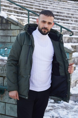 Spor Erkek Polarlı Kürklü Su Ve Rüzgar Geçirmez Kapüşonlu Mont Parka-100 Haki