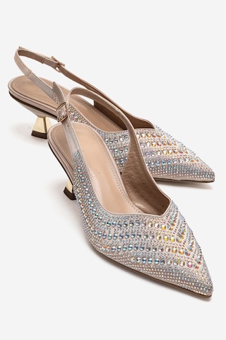 Luvishoes Royale Bej Saten Taşlı Kadın Kısa Topuklu Abiye Ayakkabı