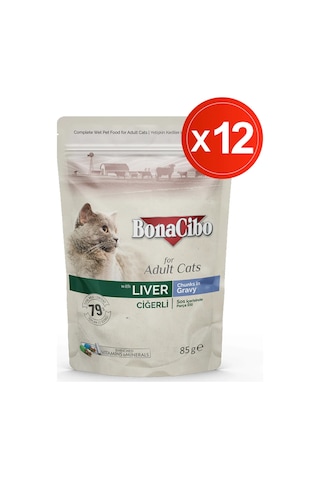Bonacibo Ciğerli Sos İçinde Pouch Yetişkin Kedi Yaş Maması 12 x 85 G