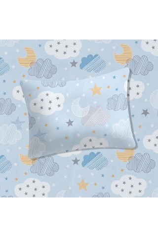 %100 Pamuklu Bebek Lastikli Çarşaf 60x120+20 Bebek Yastık Kılıfı 35x45 Mavi-beyaz