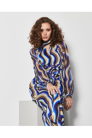 Serpil Exclusive Renkli Desenli Kadın Elbise - Beli Şerit Detaylı - Uzun Kollu - Modern Ve Şık Tasarım - Günlük Ve Özel Gün İçin Elbise Saks