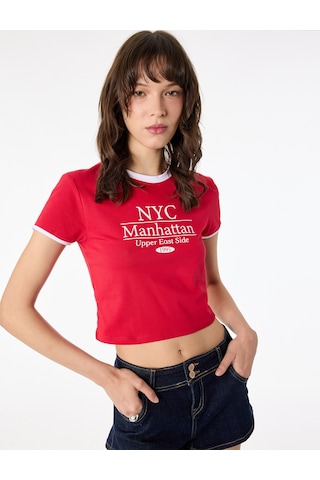 Koton Slim Fit Kısa Kollu Bisiklet Yaka Pamuklu Biyeli Baskılı Tişört Kırmızı 6sal10786ık
