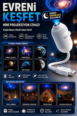 Uzay Gece Lambası Mini Projektör 6 Film Disk 360 Dönen Ay Aurora Kuzey Işıkları Tak Çalıştır Nebula