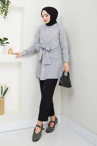 Çizgili Poplin Bağlamalı Gömlek - Siyah / Ü103 Siyah