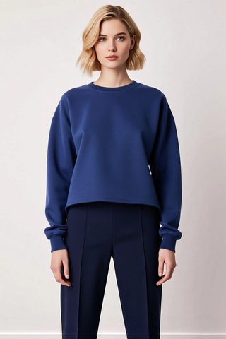 Benerly Kadın Bisiklet Yaka Düşük Kol Örme Sweatshirt Fonksiyonel Dayanık Lacivert