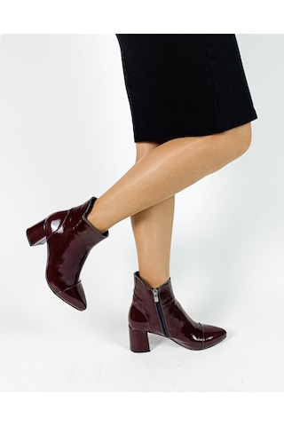 Hakiki Deri Bordo Rugan Fermuarlı Kalın Topuk Kadın Bot Bordo