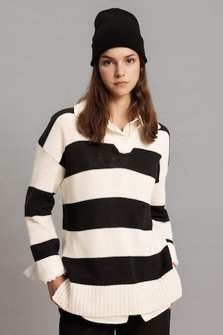 DeFacto Regular Fit Polo Yaka Çizgili Triko Kazak Tunik B8370AX24SPER133 Ekru