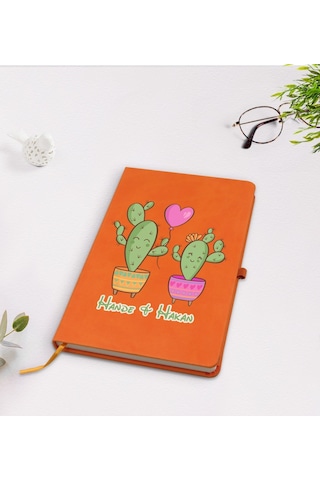 Kişiye Özel Kaktüs Tasarımlı Turuncu Termo Deri Defter Model 12