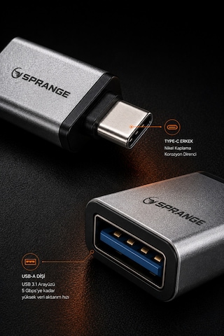 Sprange Type C Usb 3.1 Dönüştürücü Adaptör Usb To Type C Çevirici Telefon Ve Tablet  Gri