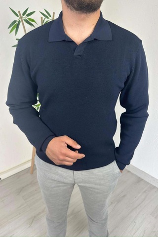 Explode - Erkek Lacivert Polo Yaka Regular Triko Kazak Lacivert