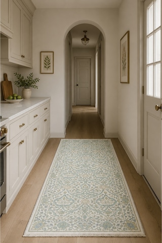 Saçaklı Salon Halısı Krem Mint Osmanlı Floral Desenli Th-3039 Krem - Mavi - Yeşil - Altın