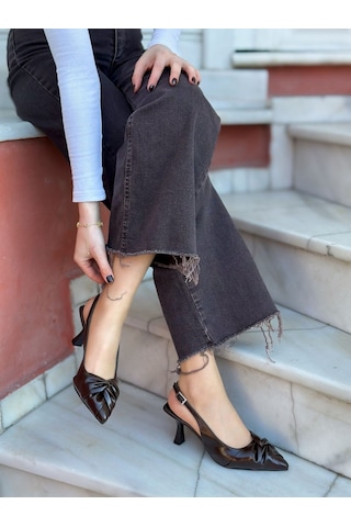 Ervanın Butiği Kahve Kırışık Deri Bow Fiyonk Detay Kadın Stiletto-6089