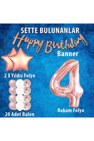 Rose Gold Konsept 4 Yaş Doğum Günü Kutlama Seti; Beyaz Gold Konfe
