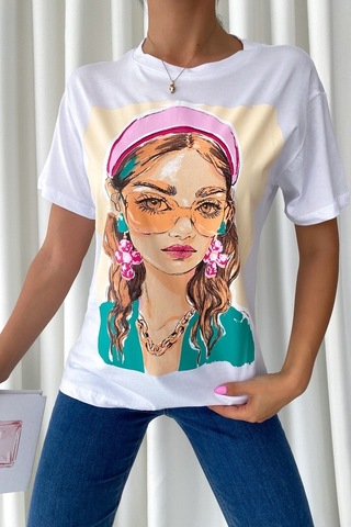 Femelle Kadın Beyaz Yeni Sezon Baskılı Pamuk Tişört - A078